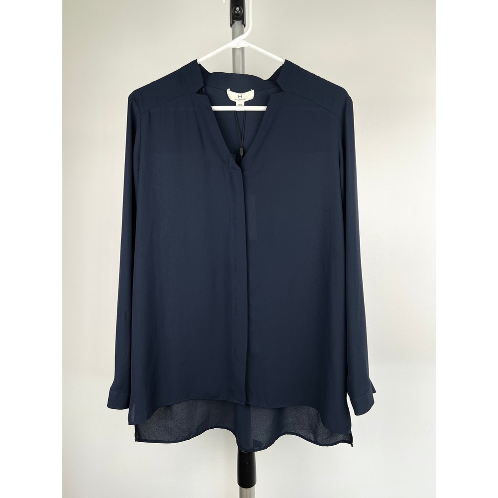 Halston Navy Blue Hidden Button Front V-Neck‎ Blouse Dark Lapis NWT Size M